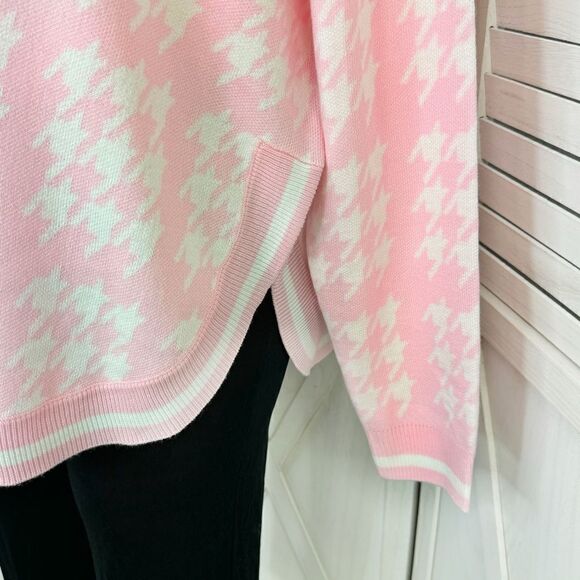Crown & Ivy Houndstooth Hooded Long Sleeve Poncho Sweater Pink White Large - Picture 6 of 12